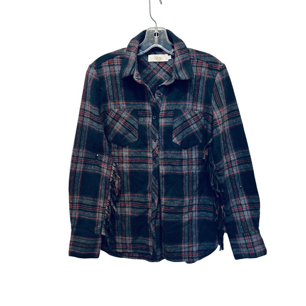 CANDLA Button Down Shirt Western Country Fringe Blue Tartan Wool Blend